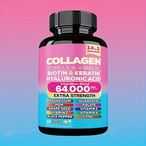 Collagen Capsules Peptides I, II, III, V, And X Microgram Biotin Keratin Hyaluronic Acid MSM Vitamin A Vitamin C Vitamin E Folic Acid Zinc Magnesium Containing Grape Seed Extract And Quercetin