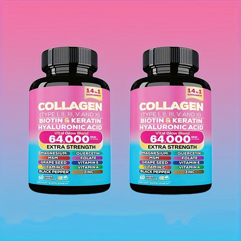 Collagen Capsules Peptides I, II, III, V, And X Microgram Biotin Keratin Hyaluronic Acid MSM Vitamin A Vitamin C Vitamin E Folic Acid Zinc Magnesium Containing Grape Seed Extract And Quercetin